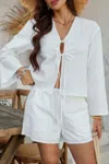 Truedames Two Pieces Tie Open Front V Neck Long Sleeve Sets In White