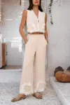 Truedames Two Pieces V Neck Button Lace Decorate Long Pants In Beige