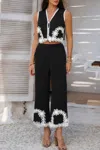 Truedames Two Pieces V Neck Button Lace Decorate Long Pants In Black