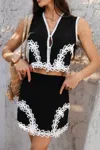 Truedames Two Pieces V Neck Button Lace Decorate Sets In Black
