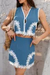 Truedames Two Pieces Button Down Lace Decoration Sets In Blue