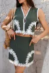 Truedames Two Pieces V Neck Button Lace Decorate Sets In Green