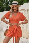 Truedames Two Pieces V Neck Ruffle Crop Shirt And Wrap Sets In Orange