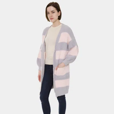 Truedames Two Tone Stripe Snap Fasteners Pockets Balloon Sleeve Cardigan In Multi