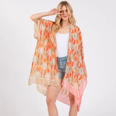 Truedames Two Tone Trim Abstract Print Silky Feel Kimono Poncho In Orange
