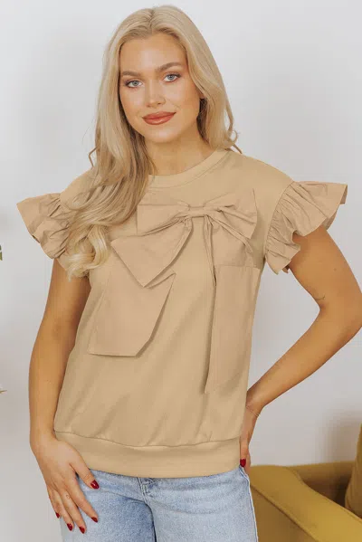 Truedames Two Tones Ribbon Bow Ruffle Sleeve Top In Brown