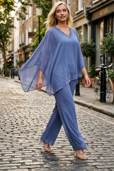 Truedames Two-piece Formal Cold Shoulder Cape Pant Set In Blue