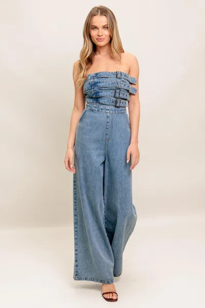 Truedames Urban Harness Denim Jumpsuit In Blue