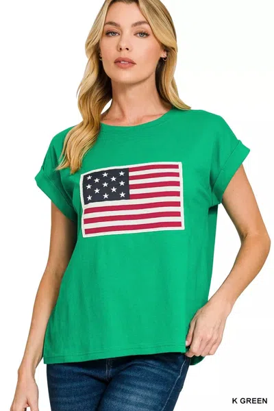 Truedames Us Flag Round Neck Short Sleeve T-shirt In Green