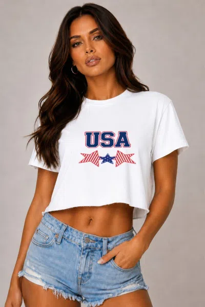 Truedames Usa Star Print Cropped Cotton Tshirt In White