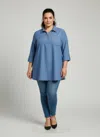 Truedames Utility Button Front Roll Sleeve Blouse In Blue