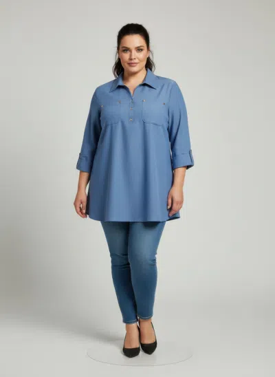 Truedames Utility Button Front Roll Sleeve Blouse In Blue