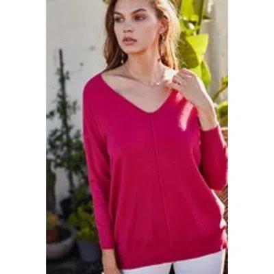 Truedames V Neck 3/4 Sleeve Side Slit Hi-lo Sweater In Pink