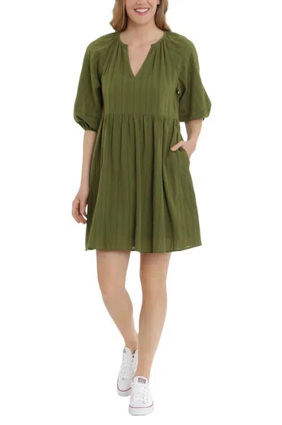 Truedames V-neck 3/4 Sleeves With Elastic Hems Short Blouson Cotton Dress In Green