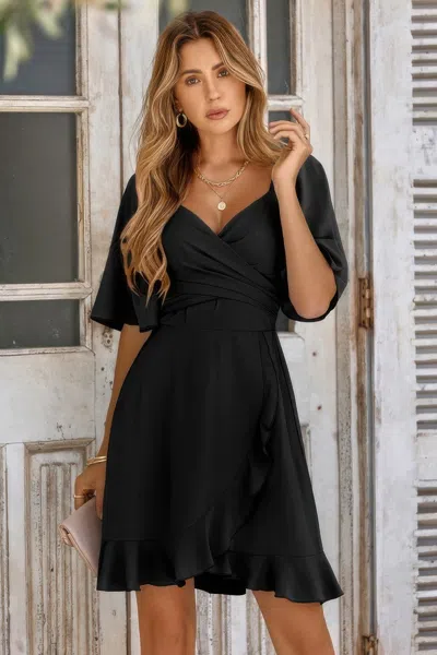 Truedames V Neck Bell Sleeves Ruffle Elastic Waist Wrap Dress In Black