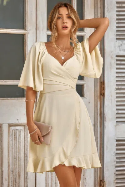 Truedames V Neck Bell Sleeves Ruffle Elastic Waist Wrap Dress In Yellow