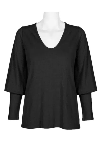 Truedames V-neck Blouson Long Sleeve Solid Knit Jersey Top In Black