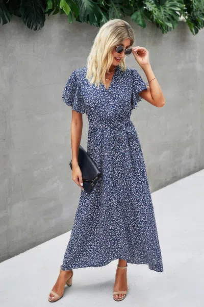Truedames V Neck Blue Floral Short Sleeve Wrap Dress