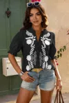 Truedames V Neck Boho Puff Short Sleeve Button Down Shirt In Black