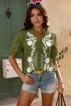 Truedames V Neck Boho Puff Short Sleeve Button Down Shirt In Green