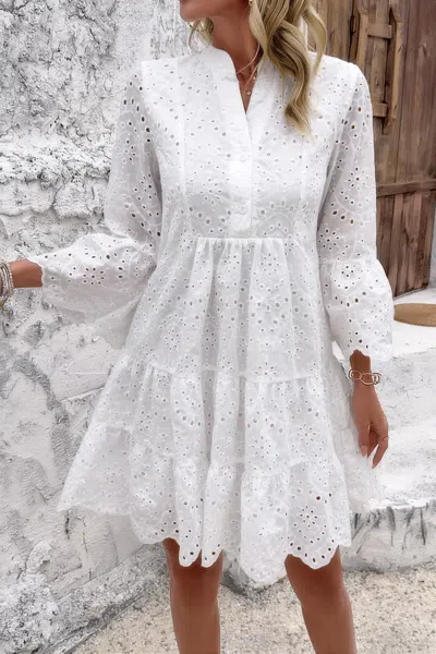 Truedames V Neck Button Flared Sleeves Hollow Out Lace Dress In White