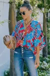 Truedames V Neck Button Kimono Sleeve Top In Multi