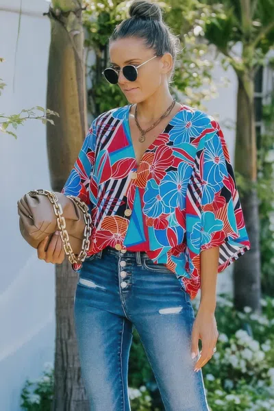 Truedames V Neck Button Kimono Sleeve Top In Multi