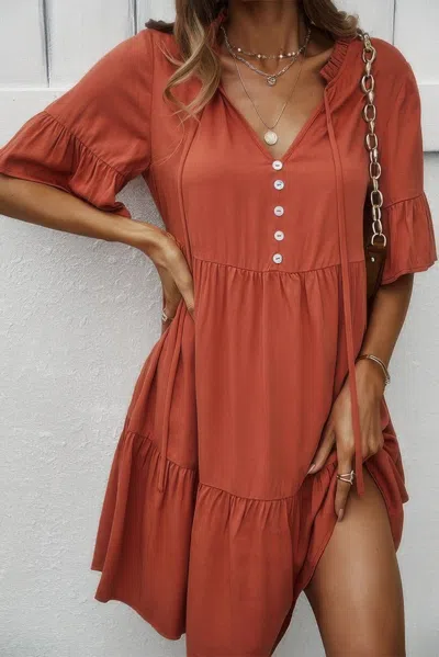 Truedames V Neck Button Up Solid Dress In Brown