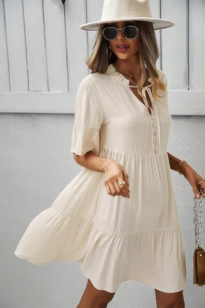 Truedames V Neck Button Up Solid Dress In Neutral