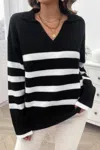 Truedames V Neck Drop Shoulder Strip Knit Loose Sweater In Black