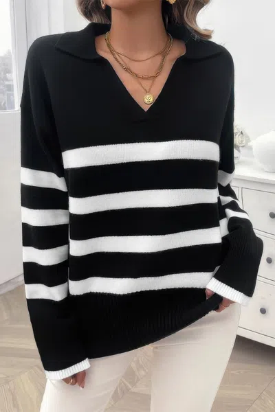Truedames V Neck Drop Shoulder Strip Knit Loose Sweater In Black