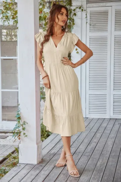 Truedames V Neck Flutter Sleeve Ruffle Hem Layered Dress In Neutral