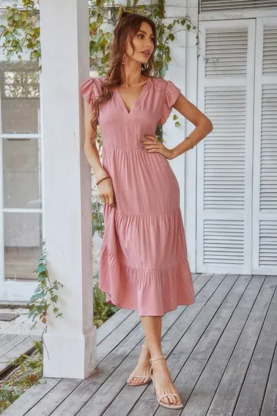 Truedames V Neck Flutter Sleeve Ruffle Hem Layered Dress In Pink
