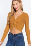Truedames V-neck Front Knotted Crop Sweater In Brown