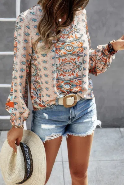 Truedames V Neck Graphic Pattern Notched Neck Blouse In Beige