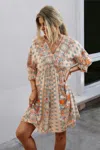 Truedames V Neck Half Sleeve Graphic Swing Dress In Neutral