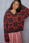Truedames V-neck Heart Pattern Checkered Sweater In Multi