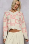 Truedames V-neck Heart Pattern Checkered Sweater In Neutral