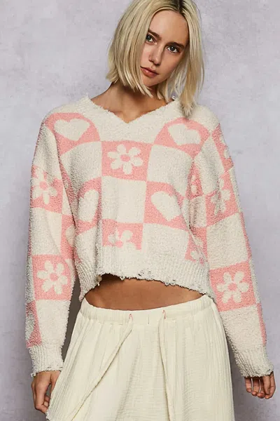 Truedames V-neck Heart Pattern Checkered Sweater In Neutral