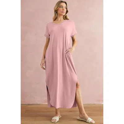 Truedames V Neck Hidden Pocket Splits Maxi T-shirt Dress In Pink