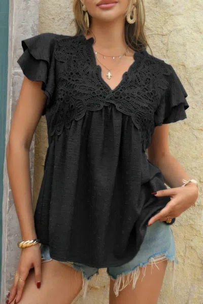 Truedames V Neck Lace Cutwork Flock Dot Ruffle Shirt In Black