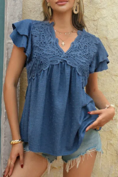 Truedames V Neck Lace Cutwork Flock Dot Ruffle Shirt In Blue
