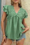 Truedames V Neck Lace Cutwork Flock Dot Ruffle Shirt In Green