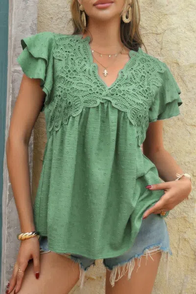 Truedames V Neck Lace Cutwork Flock Dot Ruffle Shirt In Green