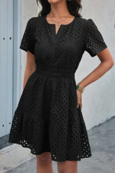 Truedames V Neck Lace Solid Lace Ruffle Hollow A Line Dress In Black