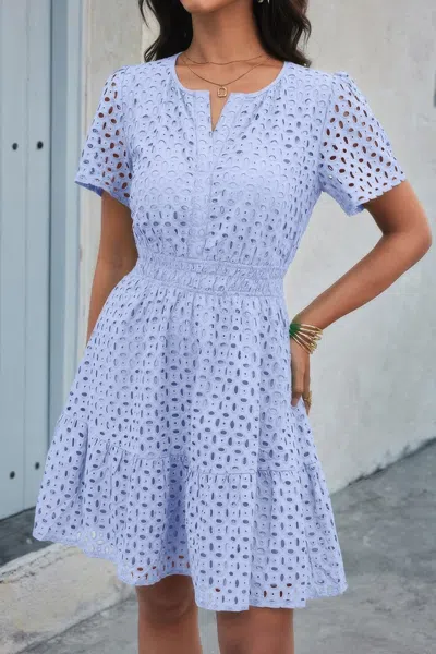 Truedames V Neck Lace Solid Lace Ruffle Hollow A Line Dress In Blue