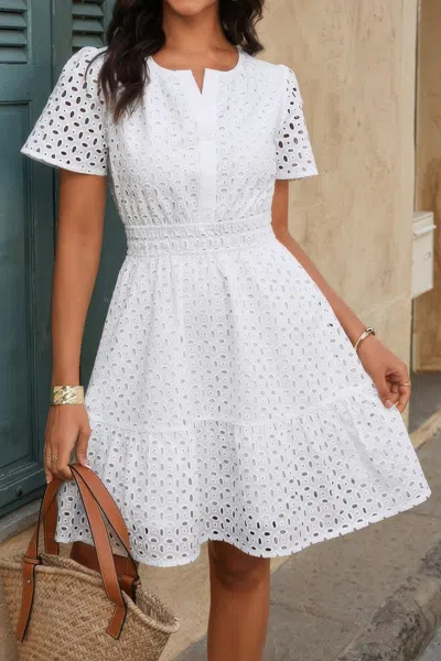 Truedames V Neck Lace Solid Lace Ruffle Hollow A Line Dress In White