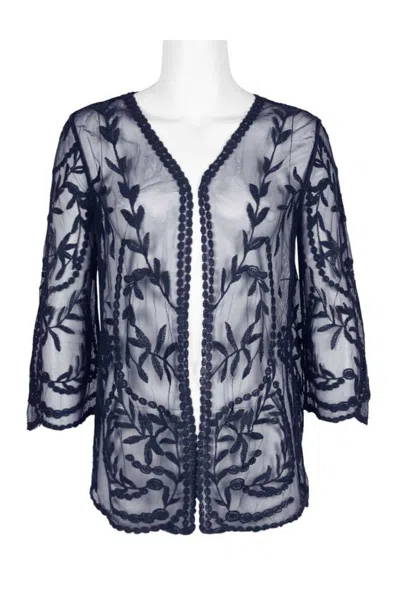 Truedames V-neck Open Front 3/4 Sleeve Floral Embroidered Mesh Jacket In Black