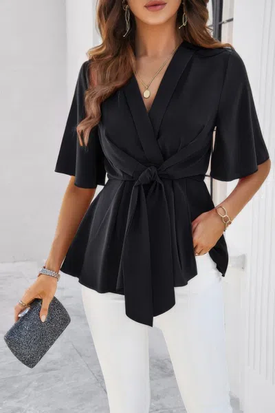 Truedames V Neck Peplum Tie Front Short Bell Sleeve Shirt In Black