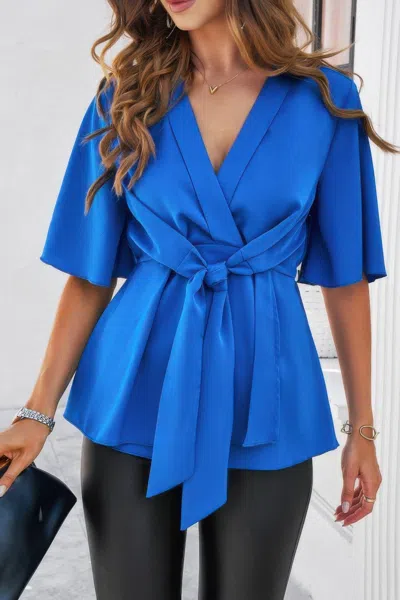 Truedames V Neck Peplum Tie Front Short Bell Sleeve Shirt In Blue